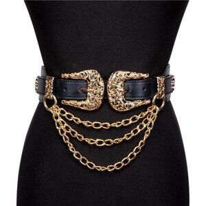 Double Buckle Western Leather Belt – Elastic Waist Floral Carved Belt for Women